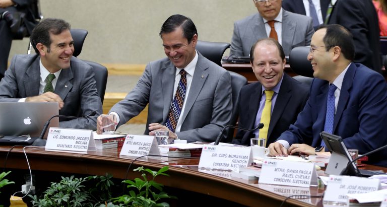 De izq. a der. Consejero Presidente Lorenzo Córdova Vianello, Secretario Ejecutivo Edmundo Jacobo Molina, Consejero Electoral Marco Antonio Baños Martínez y Consejero Electoral Ciro Murayama Rendón.