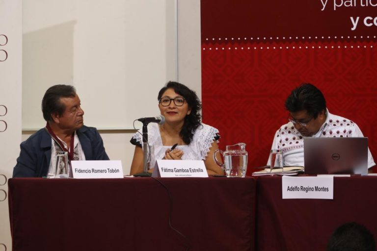 Fidencio Romero Tabón Secretario de Acción Indígena del Comité Estatal del PRI, Fátima Gamboa Estrella, Equis: justicia para las mujeres y Adelfo Regino Montes, Instituto Nacional de Lenguas Indígenas.