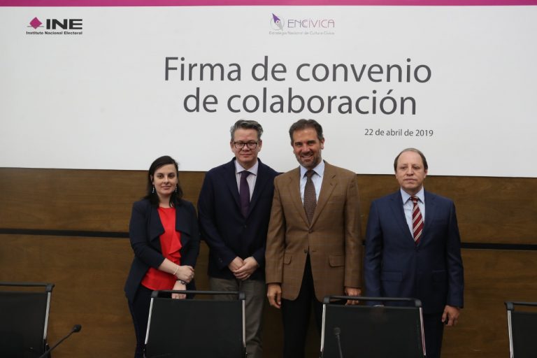 Irene Espino Secretaria Técnica, Luis Efrén Ríos Vega Director General de la Academia Interamericana de Derechos Humanos de la Universidad Autónoma de Coahuila, Lorenzo Córdova Vianello Consejero Presidente del INE y Marco Antonio Baños Martínez, Consejero Electoral del INE.