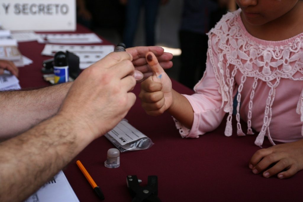 Stand de Simulacro de votación, credencial, urnas y libros colección árbol
