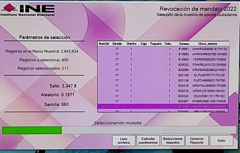 Selección de muestra para verificar el apoyo ciudadano para la realización del ejercicio de Revocación de Mandato del Presidente de la República electo para el periodo ordinario constitucional 2018-2024.
