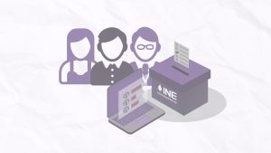 Silueta de tres personas frente a una computadora y una urna electoral.