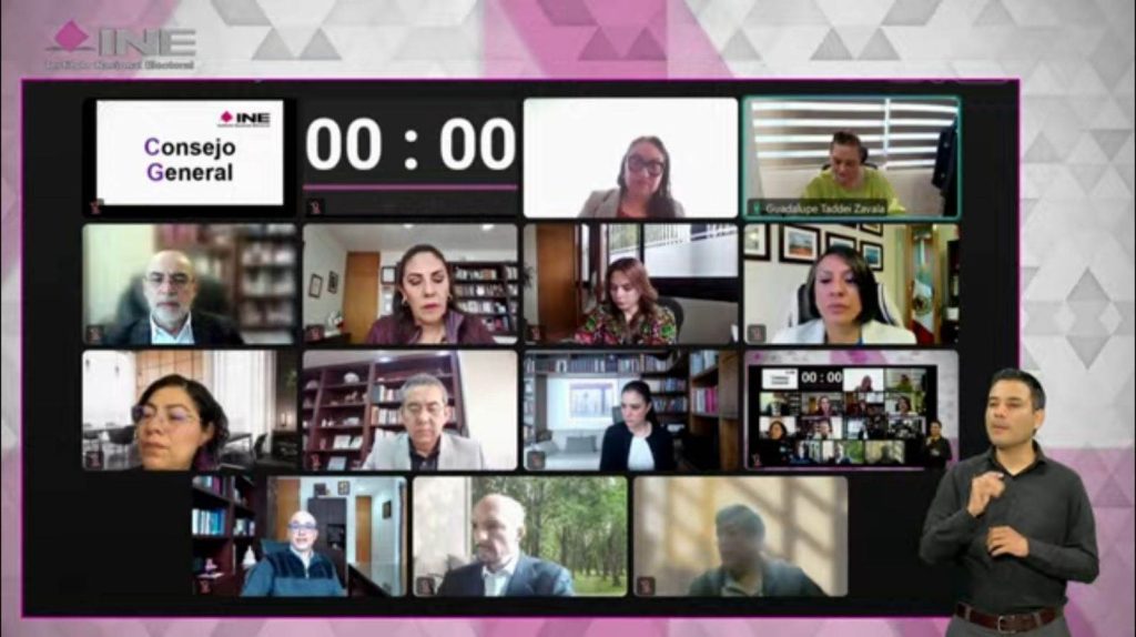 Pantalla con recuadros de las personas Consejeras Electorales participando en la Sesión.