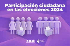 Imagen con fondo morado y texto: “Participación ciudadana en las elecciones 2024”.