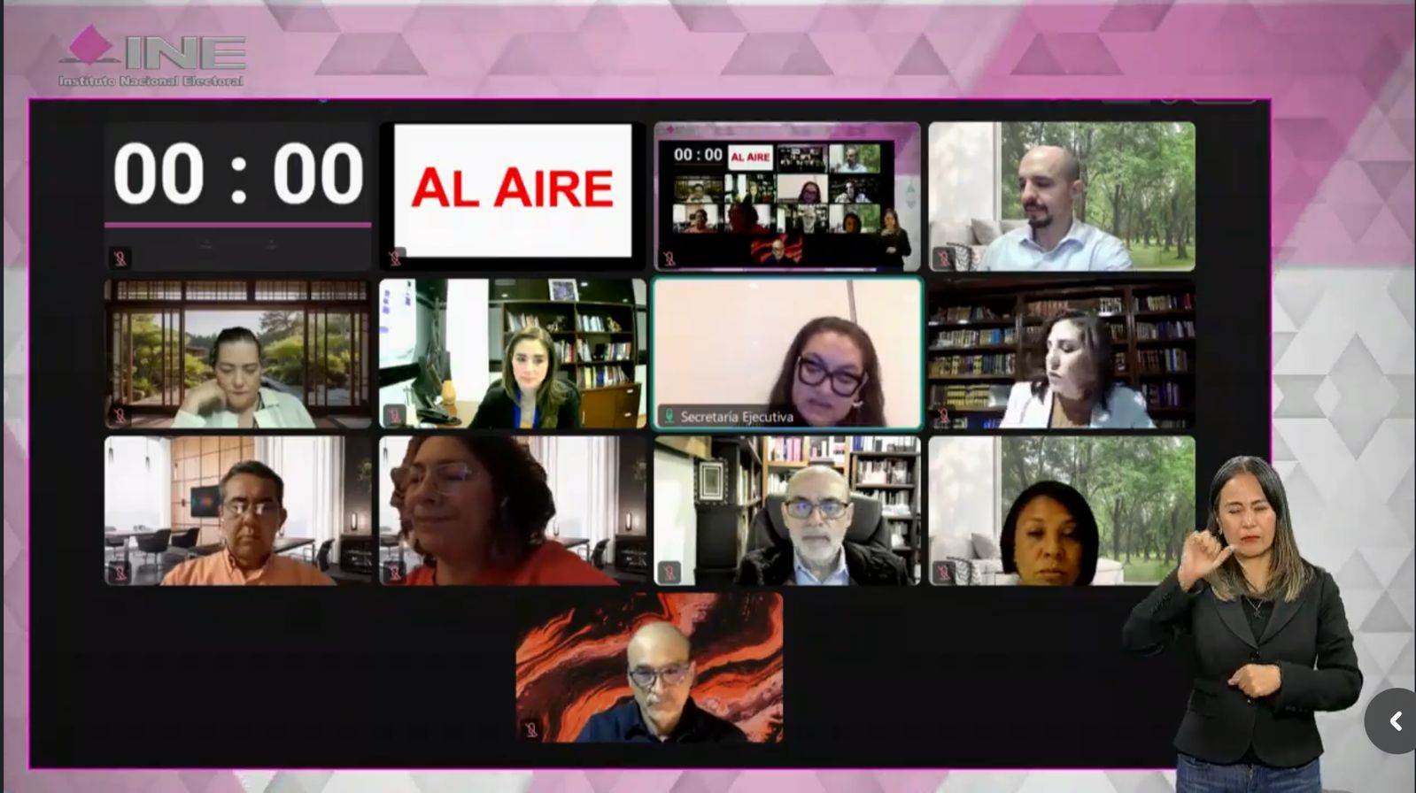 Pantalla con recuadros de las personas Consejeras Electorales participando en la Sesión.