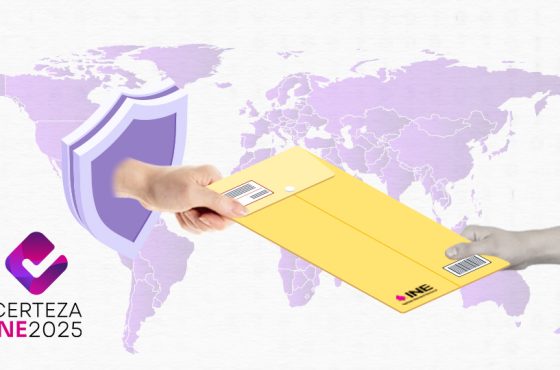 La imagen que representa el voto extranjero, con una mano entregando un sobre electoral a otra sobre un mapa mundial, simbolizando seguridad a través de un escudo y el logo del INE.
