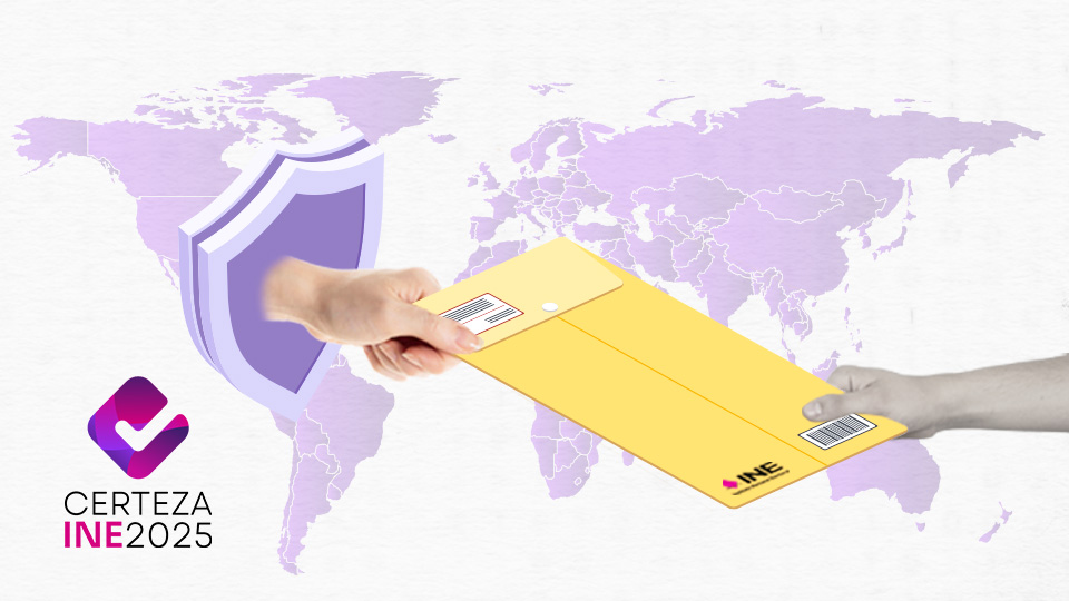 La imagen que representa el voto extranjero, con una mano entregando un sobre electoral a otra sobre un mapa mundial, simbolizando seguridad a través de un escudo y el logo del INE.