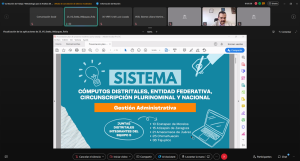 Se aprecia una pantalla con le presentación del Sistema de Cómputos en reunión virtual