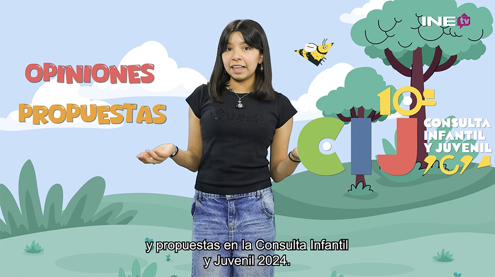 Niña explicando la consulta infantil con animaciónes en el fondo