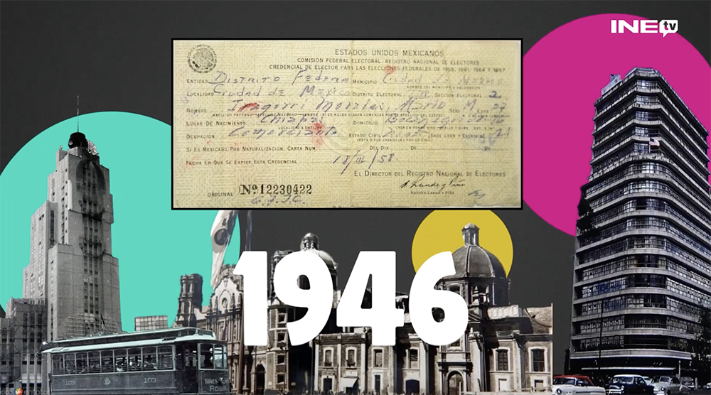 Papeleta de votación de 1946, con diferentes edificaciones al fondo