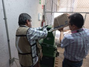 Dos trabajadores del INE vertiendo credenciales para votar a una trituradora