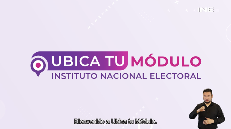 Letrero en colores morado y rosa de Ubica tu Módulo