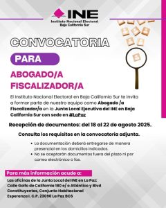 Cartel para trabajar en el INE en Baja California Sur como persona abogada fiscalizadora