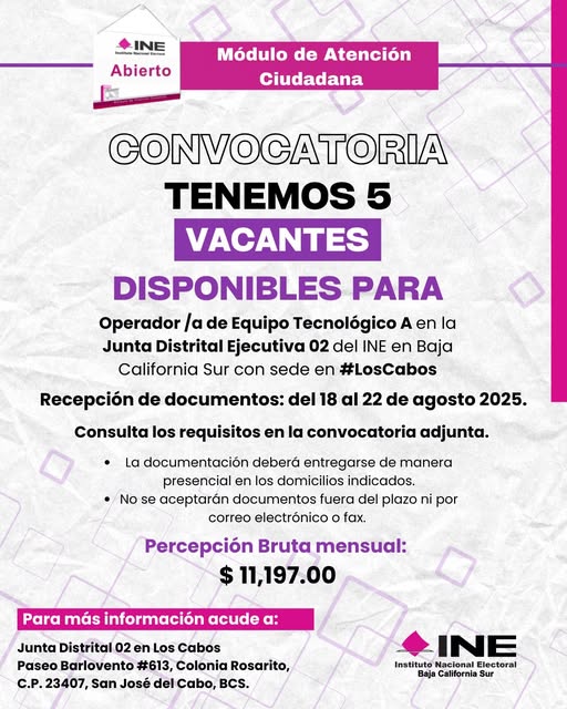 Cartel de vacantes de trabajo en el INE en Baja California Sur