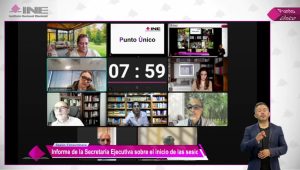 Pantalla con recuadros de las personas Consejeras Electorales participando en la Sesión.
