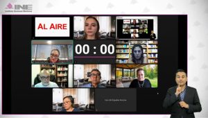 Pantalla con recuadros de las personas Consejeras Electorales participando en la Sesión.