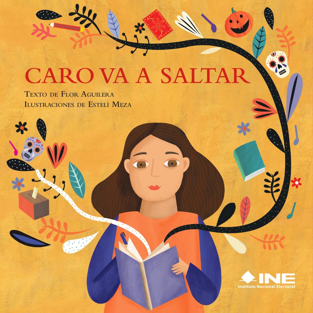 Portada del cuento Caro va a saltar. Ilustración de una adolescente abriendo un libro
