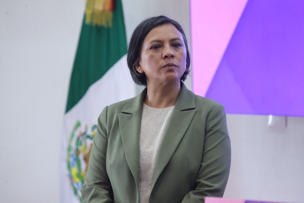 Norma Irene De La Cruz Magaña, Consejera Electoral parada en el estrado.