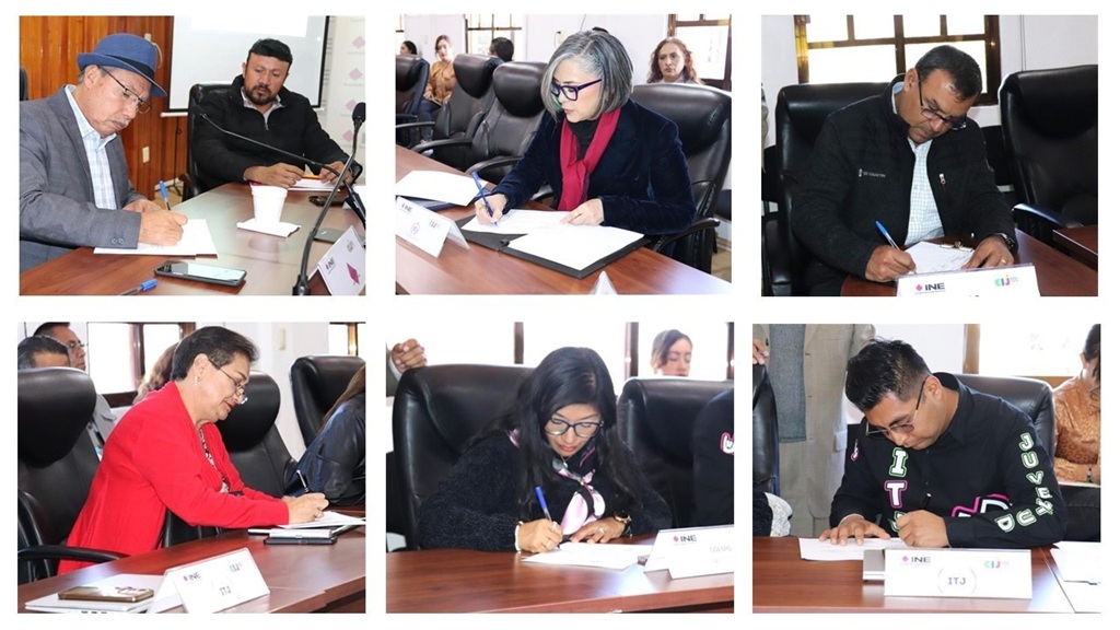 seis cuadros de fotos con diferentes personas firmando un documento