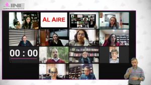 Pantalla con recuadros de las personas Consejeras Electorales participando en la Sesión.