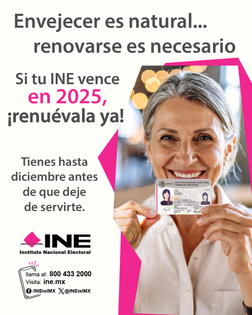 cartel con una mujer adulta mayor sosteniendo una credencial para votar