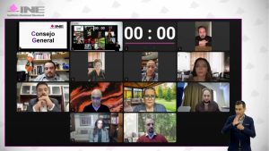 Pantalla con recuadros de las personas Consejeras Electorales y representantes de partidos políticos.