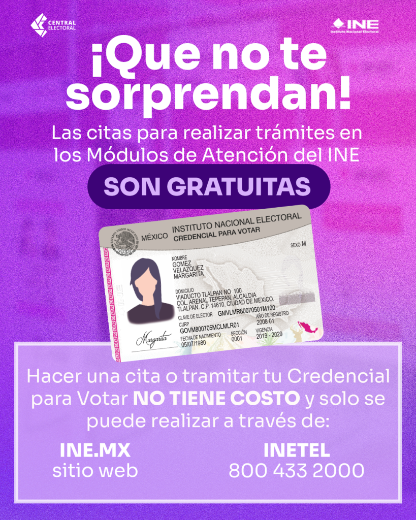 ¡Que no te sorprendan!

Las citas para realizar trámites en los Módulos de Atención del INE son gratuitas.


