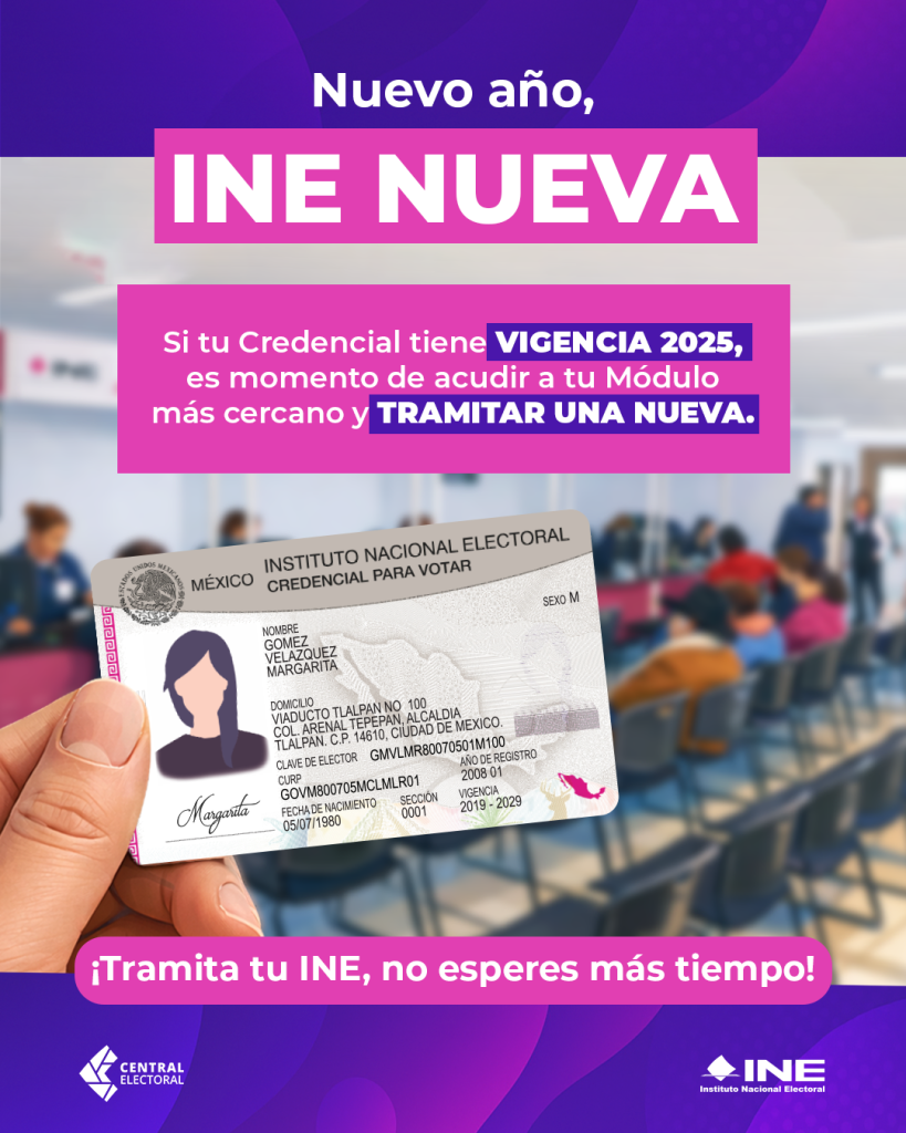 Nuevo año, INE NUEVA

Si tu Credencial tiene vigencia 2025, es momento de acudir a tu Módulo más cercano y tramitar una nueva