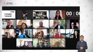 Pantalla con los recuadros de las personas Consejeras Electorales y representantes de los Partidos Políticos.