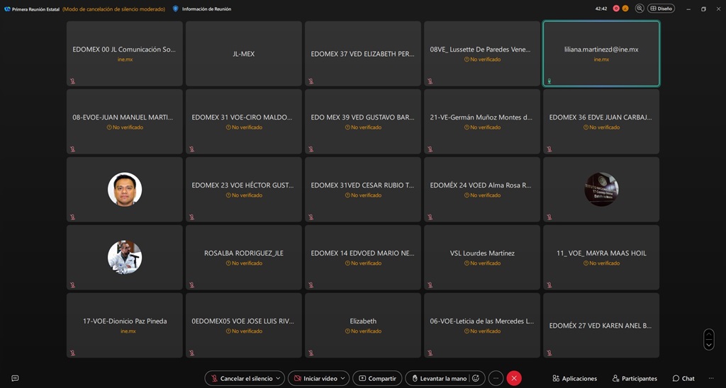 Veinticinco rectángulos que representan a los asistentes en una reunión virtual. 