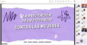 letras blancas sobre un fondo morado a un costado cuadros con personas