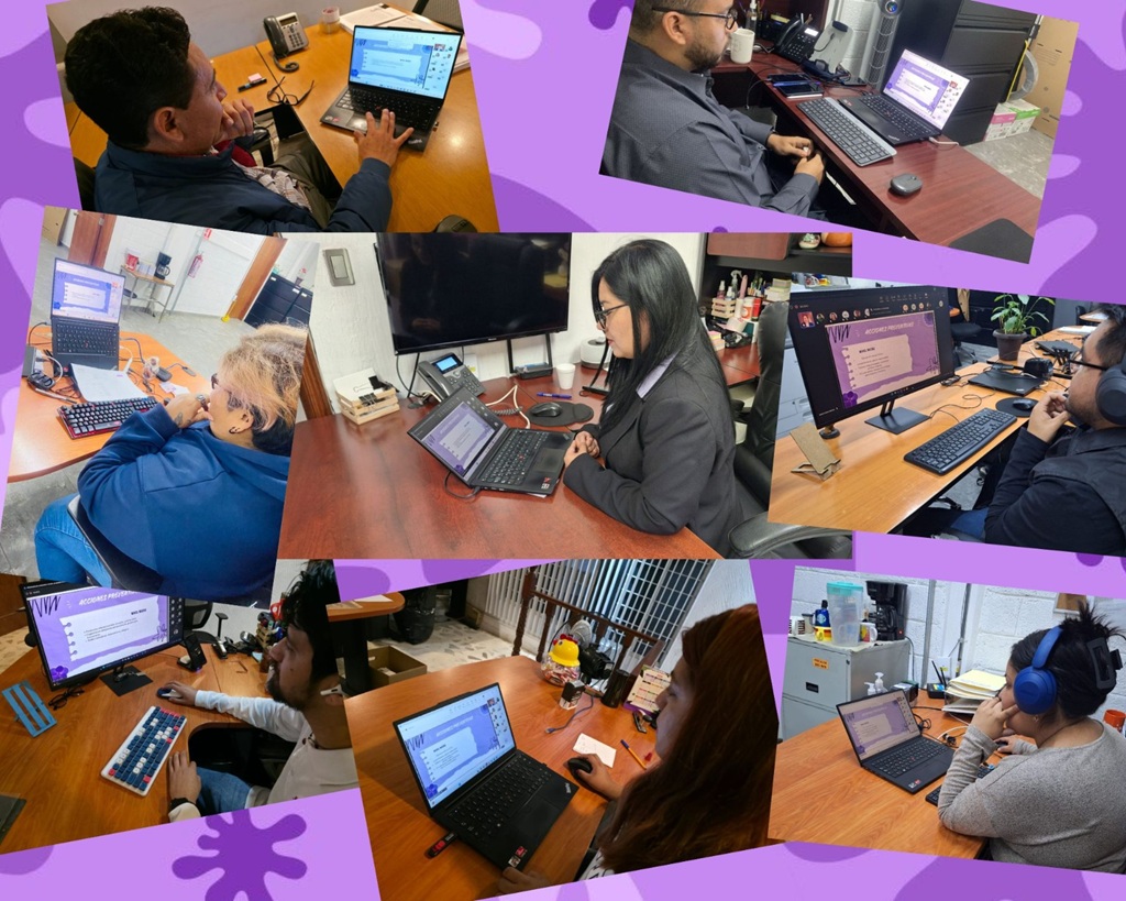 varias fotografías de mujeres y hombres sobre un fondo morado