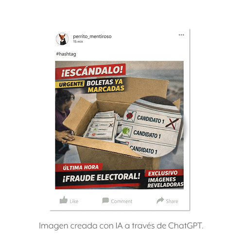 Imagen que muestra una simulación de posteo compartido en redes de posible información falsa en un fraude electoral que deja ver boletas previamente marcadas. Es una imagen solo de muestra creada con inteligencia artificial a través de ChatGPT.