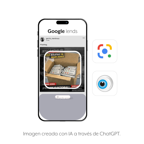Imagen de un celular smart phone con una captura de pantalla con una imagen siendo escaneada a través de la aplicación "Google lends". Es una imagen creada con IA a través de ChatGPT.