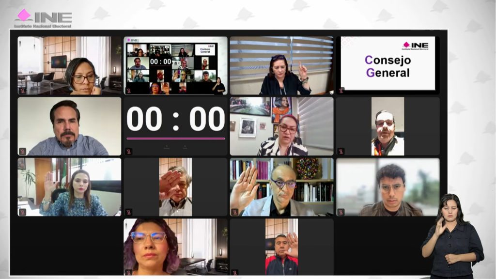 Pantalla con los recuadros de las personas Consejeras Electorales y representantes de los Partidos Políticos.