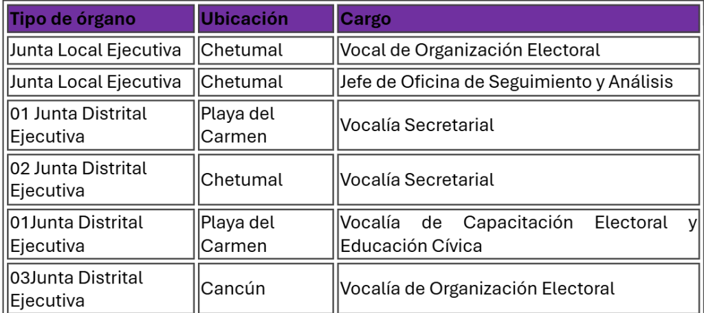 tabla con el nombre de los cargos a concursar en Quintana Roo