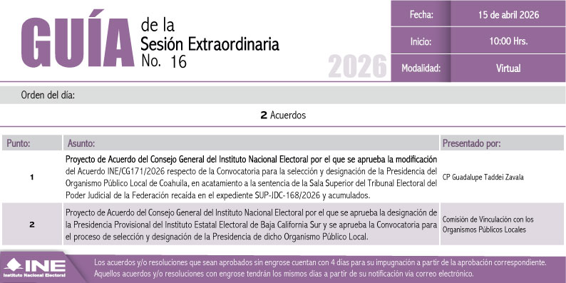 Guía de la Sesión Extraordinaria del Consejo General del INE, 15 de abril de 2026
