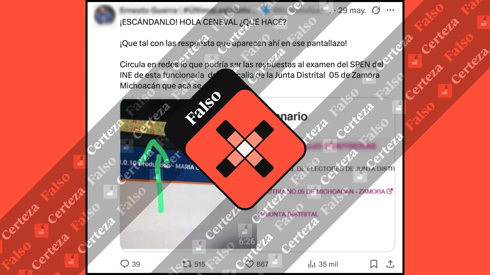 Portada de verificación que muestra información falsa