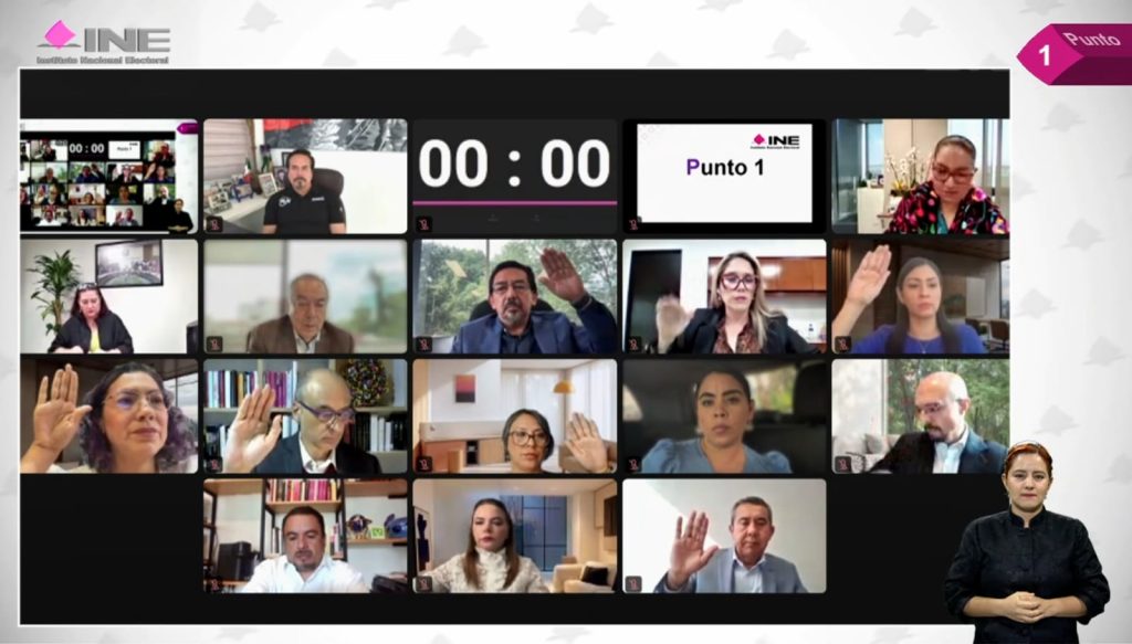 Pantalla con los recuadros de las personas Consejeras Electorales y los representantes de los partidos políticos.