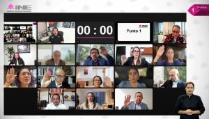 Pantalla con los recuadros de las personas Consejeras Electorales y los representantes de los partidos políticos.