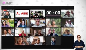 Pantalla con la imagen de las personas Consejeras Electorales y Representantes de Partidos Políticos.