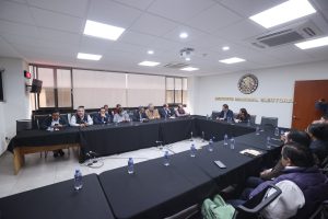 Representantes de los partidos Somos México y PAZ con funcionarios del INE sentados en el salón de usos múltiples.