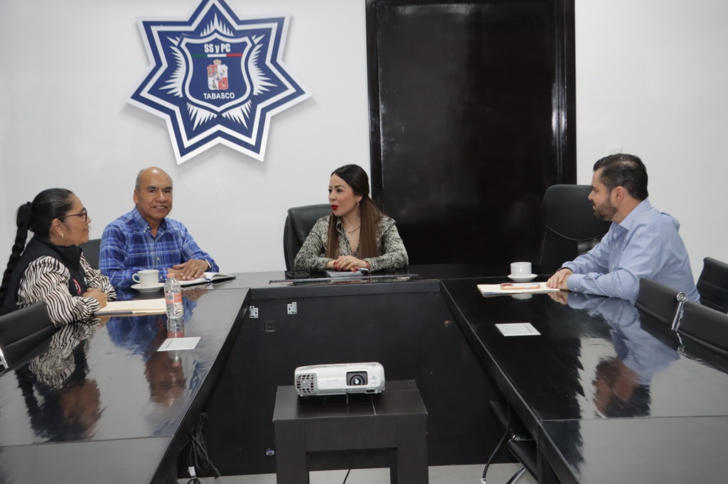Cuatro personas sosteniendo una reunión de trabajo