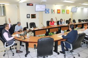personas sentadas votando a mano alzada