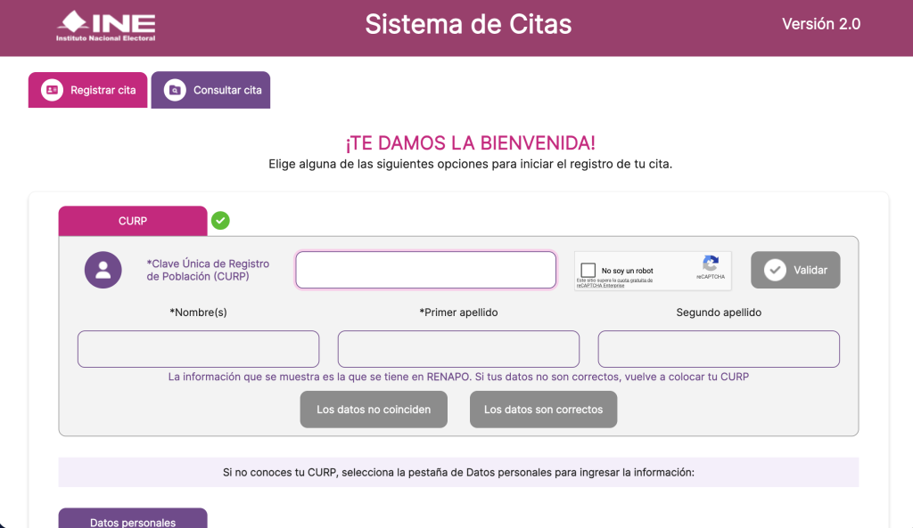 Imagen de la pantalla del sistema de citas del INE