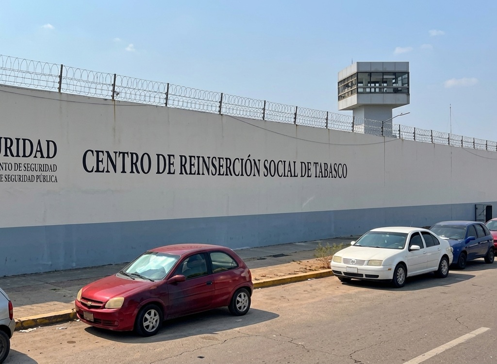 muro alto blanco con azul con rejas y en la parte superior una torre de vigilancia