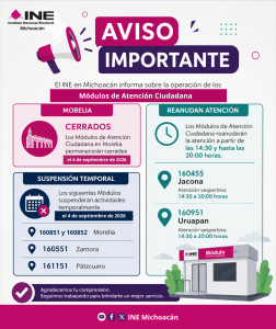 anuncio a color rosa, morado y verde y letras blancas con leyenda AVISO IMPORTANTE