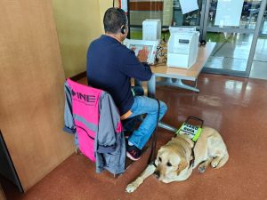 hombre sentado con audífonos frente a una máquina gris y en el suelo sdu perro guía