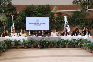 diez personas sentadas alrededor de una mesa en forma de U, votando a mano alzada