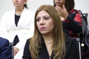 mujer sentada cabello castaño claro liso.